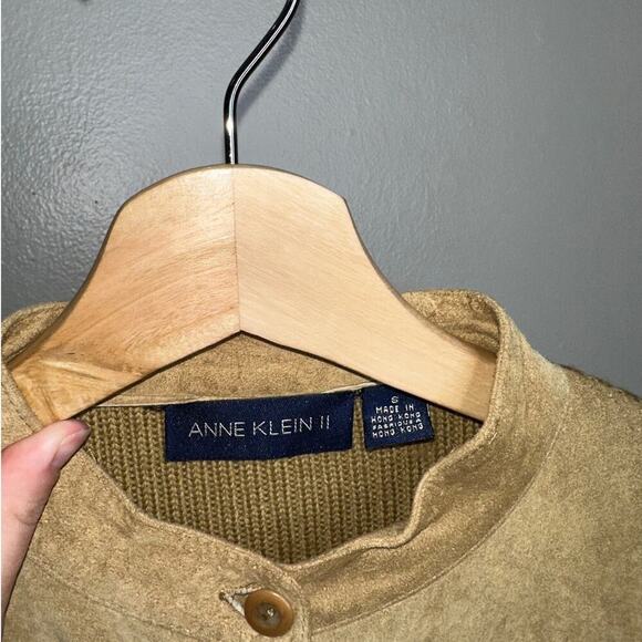 Anne Klein Vintage Wool & Suede Leather Cardigan Sweater Jacket Tan Brown Small - Picture 3 of 6